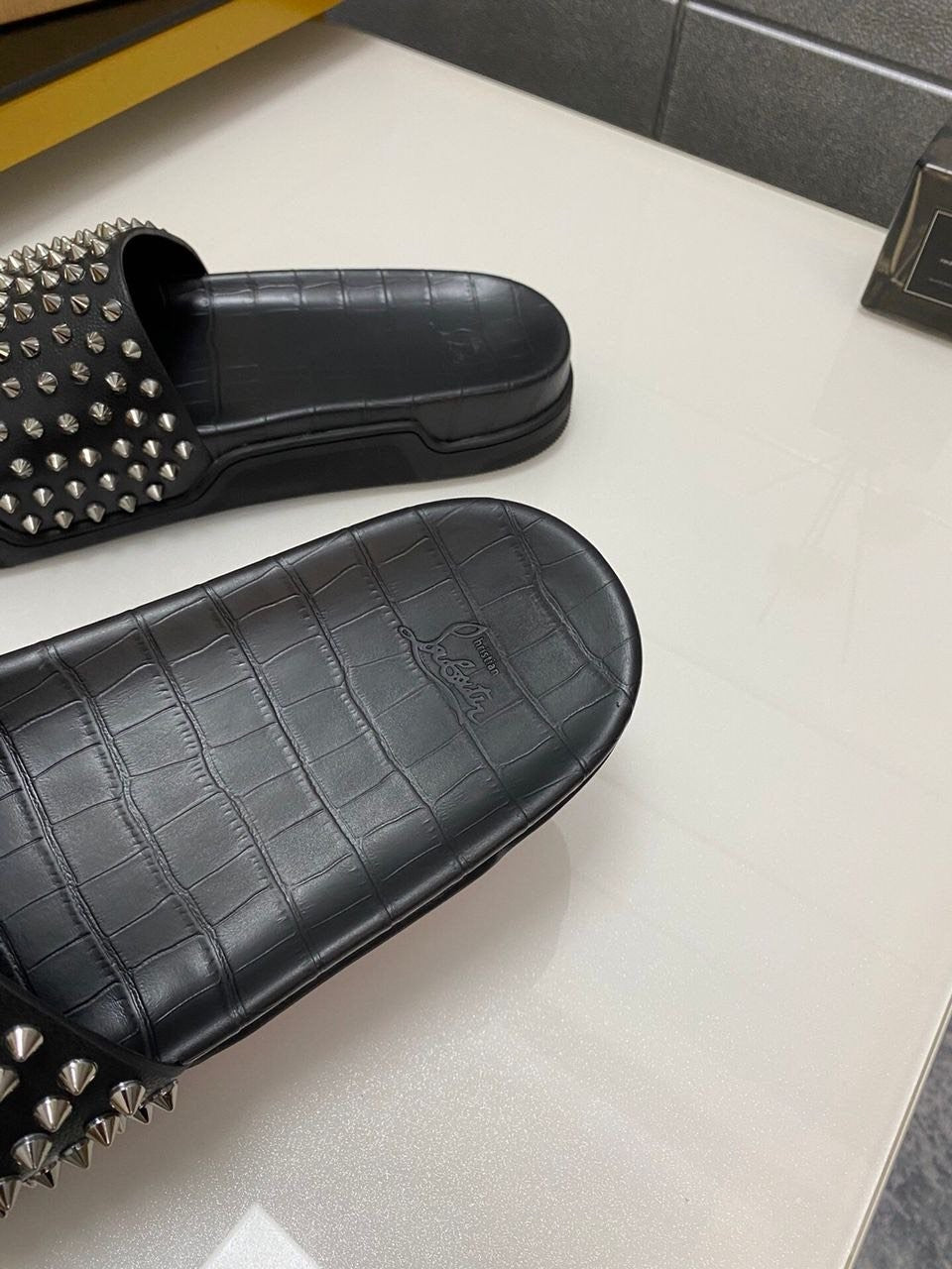 Leather Croc Embossed Mules With Spikes