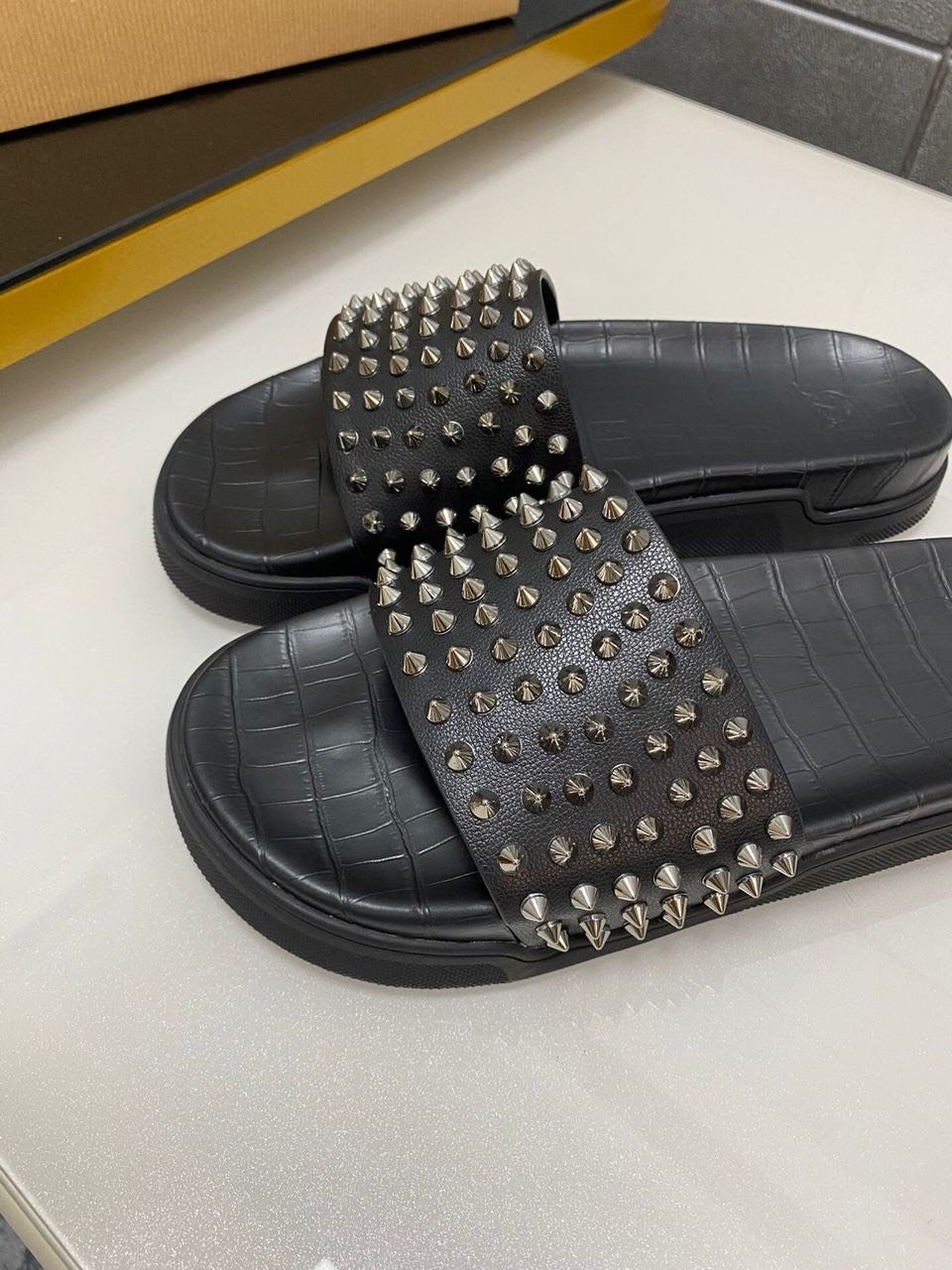 Leather Croc Embossed Mules With Spikes