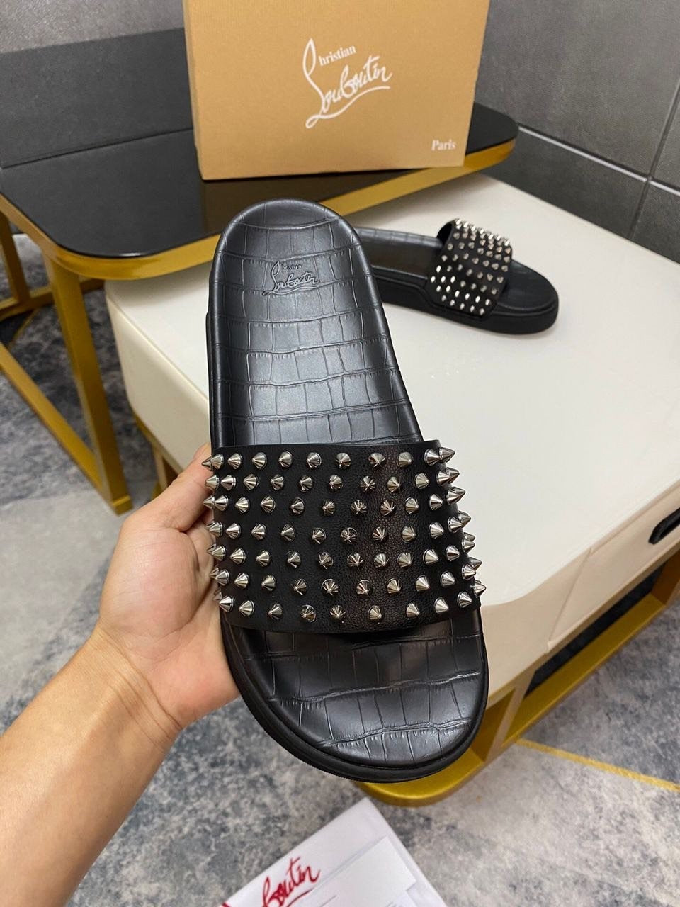 Leather Croc Embossed Mules With Spikes