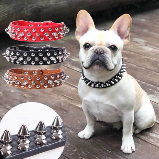 Adjustable PU Leather Pet Dog Collar Rivet Spiked