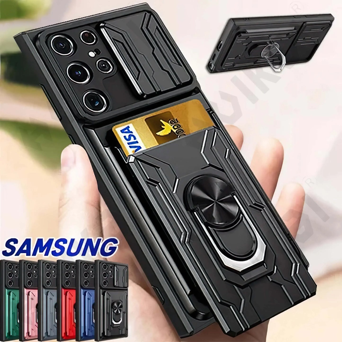 Case For Samsung Galax -  Slide Camera Card Holder 360° Ring Cover