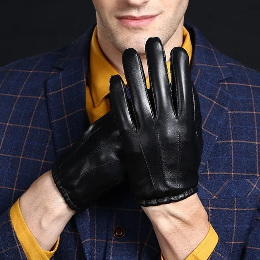 Black PU Leather Warm Driving Gloves