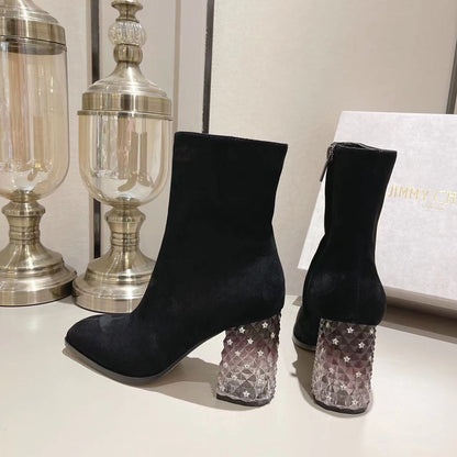 Suede Ankle Boots With Rhinestones